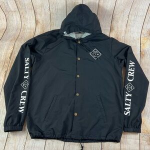 Mens Salty Crew Nylon Button Jacket Black Hooded Windbreaker Sink Swim Logo 2XL